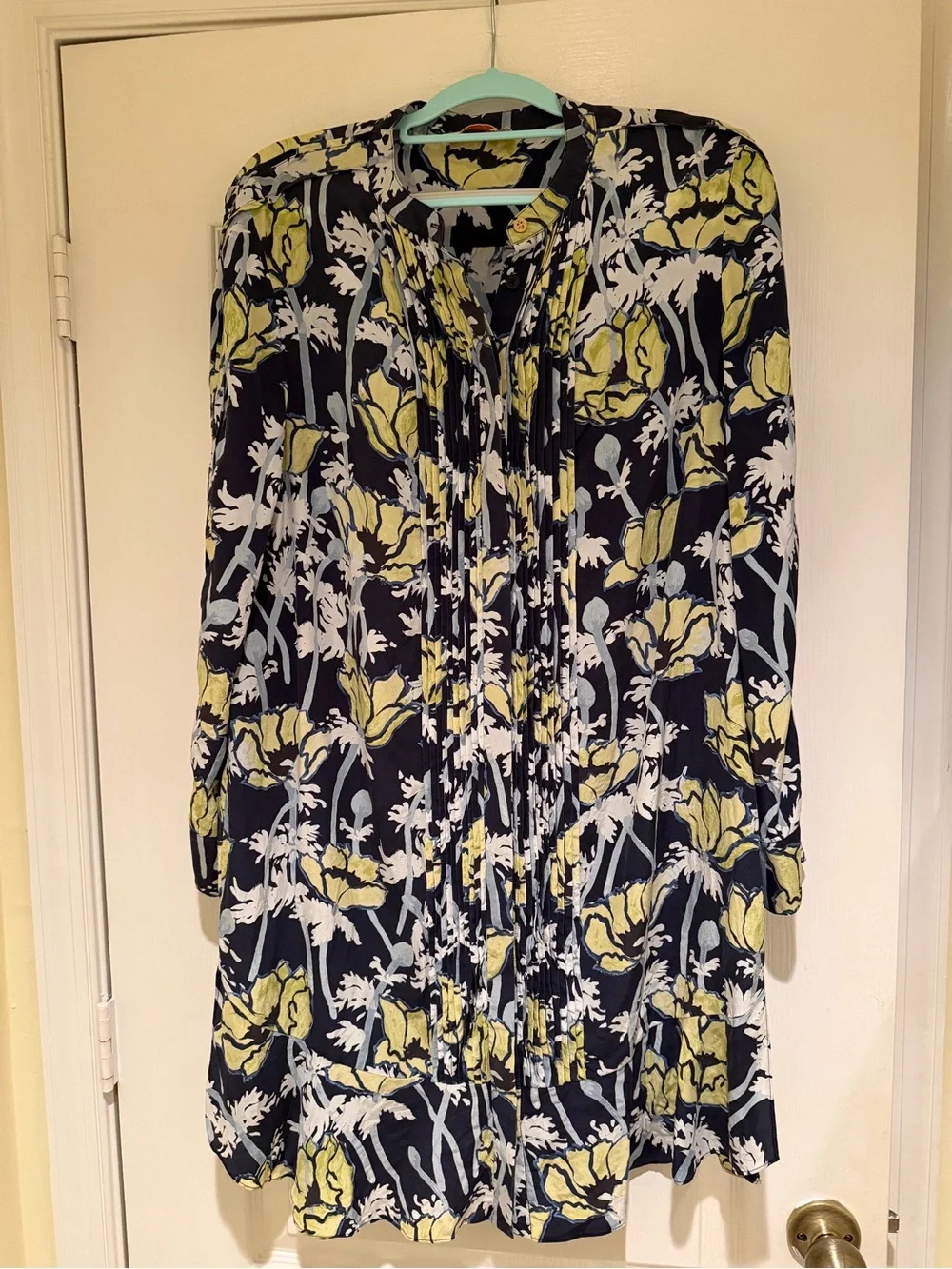 Tory Burch Navy Floral Pintuck Long Sleeve Tunic Dress with Yellow Accents
